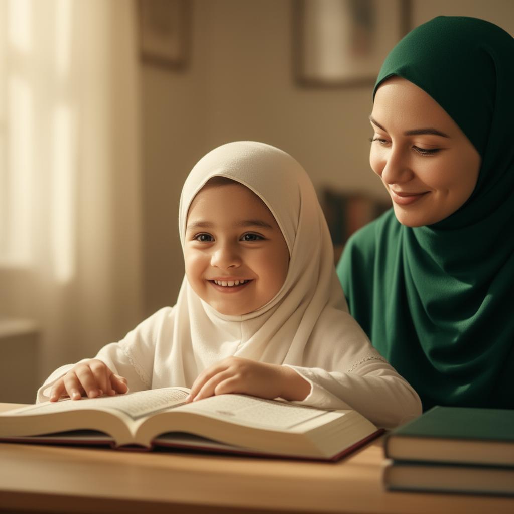 Mother and child learning Quran together